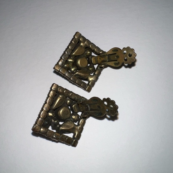 Vintage Weiss 1950s Amber Rhinestone Square Clip On Earrings - Picture 7 of 11